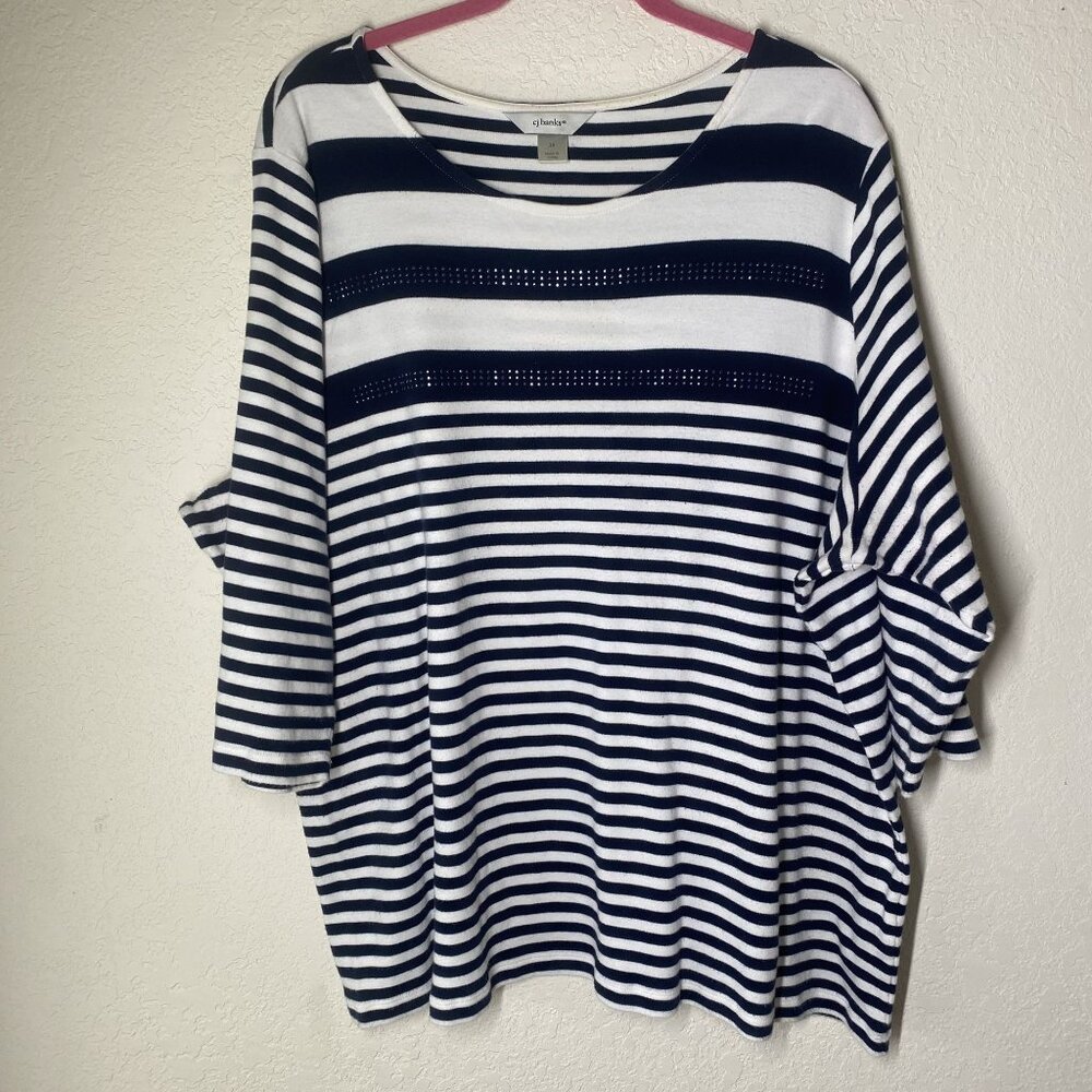 Cj Banks Tunic Top Womens 3X Plus Size Navy‎ White Striped Casual Beach Resort